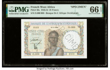 French West Africa Banque de l'Afrique Occidentale 25 Francs 1943-54 Pick 38s Specimen PMG Gem Uncirculated 66 EPQ. A perforated Specimen punch is pre...