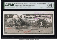 Guatemala Banco Americano de Guatemala 1 Peso ND (1895-1920) Pick S111s Specimen PMG Choice Uncirculated 64 EPQ. Printer's stamp, red Specimen overpri...