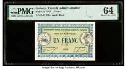 Guinea Gouvernement General de l'Afrique 1 Franc 11.2.1917 Pick 2a PMG Choice Uncirculated 64. Previous mounting is present on this example. 

HID0980...
