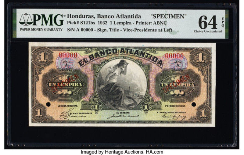 Honduras Banco Atlantida 1 Lempira 1.3.1932 Pick S121bs Specimen PMG Choice Unci...