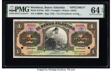 Honduras Banco Atlantida 1 Lempira 1.3.1932 Pick S121bs Specimen PMG Choice Uncirculated 64 EPQ. Red Specimen overprints and two POCs are present on t...