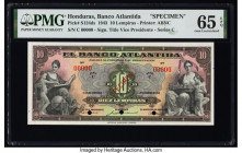 Honduras Banco Atlantida 10 Lempiras 1.2.1943 Pick S124ds Specimen PMG Gem Uncirculated 65 EPQ. Red Specimen overprints and three POCs are present on ...