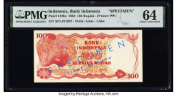 Indonesia Bank Indonesia 100 Rupiah 1984 Pick 122bs Specimen PMG Choice Uncirculated 64. Specimen overprints are present on this example. 

HID0980124...