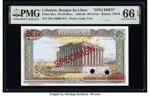 Lebanon Banque du Liban 50 Livres (1983-85) Pick 65cs Specimen PMG Gem Uncirculated 66 EPQ. Red Specimen & TDLR overprints and two POCs are present on...