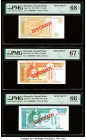Mongolia Mongol Bank 1; 5; 10 Tugrik ND (1993) Pick 52s; 53s; 54s Three Specimen PMG Superb Gem Unc 68 EPQ; Superb Gem Unc 67 EPQ; Gem Uncirculated 66...