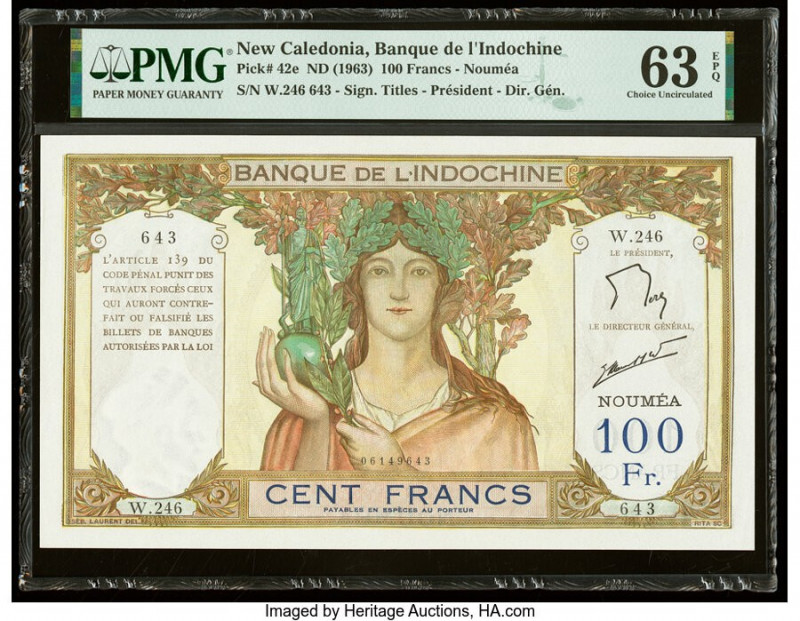 New Caledonia Banque de l'Indochine, Noumea 100 Francs ND (1963) Pick 42e PMG Ch...