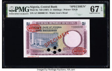 Nigeria Central Bank of Nigeria 5 Shillings ND (1967) Pick 6s Specimen PMG Superb Gem Unc 67 EPQ. Red Specimen & TDLR overprints and four POCs are pre...