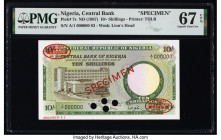 Nigeria Central Bank of Nigeria 10 Shillings ND (1967) Pick 7s Specimen PMG Superb Gem Unc 67 EPQ. Red Specimen & TDLR overprints and four POCs are pr...