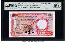Nigeria Central Bank of Nigeria 1 Pound ND (1967) Pick 8s Specimen PMG Gem Uncirculated 66 EPQ. Red Specimen & TDLR overprints and four POCs are prese...