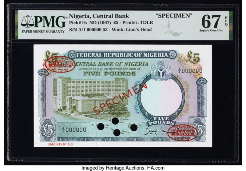 Nigeria Central Bank of Nigeria 5 Pounds ND (1967) Pick 9s Specimen PMG Superb G...