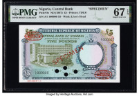 Nigeria Central Bank of Nigeria 5 Pounds ND (1967) Pick 9s Specimen PMG Superb Gem Unc 67 EPQ. Red Specimen & TDLR overprints and four POCs are presen...