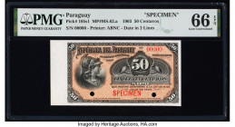 Paraguay Republica del Paraguay 50 Centavos 14.7.1903 Pick 105s1 Specimen PMG Gem Uncirculated 66 EPQ. Selvage included, red Specimen overprints and t...