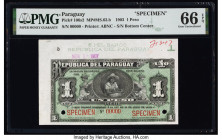 Paraguay Republica del Paraguay 1 Peso 14.7.1903 Pick 106s2 Specimen PMG Gem Uncirculated 66 EPQ. Selvage included, red Specimen overprints and two PO...