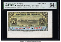 Paraguay Republica del Paraguay 5 Pesos 14.7.1903 Pick 108s2 Specimen PMG Choice Uncirculated 64 EPQ. Selvage included, red Specimen overprints and fo...