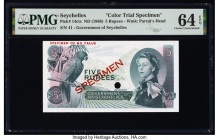 Seychelles Government of Seychelles 5 Rupees ND (1968) Pick 14cts Color Trial Specimen PMG Choice Uncirculated 64 EPQ. Red Specimen overprints and one...