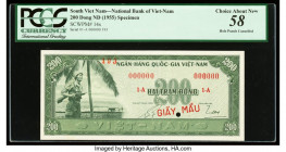 South Vietnam National Bank of Viet Nam 200 Dong ND (1955) Pick 14s Specimen PCGS Choice About New 58. Red Giay Mau overprints, pinholes and one POC n...