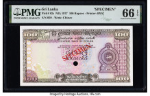 Sri Lanka Central Bank of Ceylon 100 Rupees ND (1977) Pick 82s Specimen PMG Gem Uncirculated 66 EPQ. Red Specimen overprints and one POC present on th...