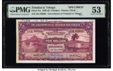 Trinidad & Tobago Government of Trinidad and Tobago 5 Dollars 1.5.1942 Pick 7bs Specimen PMG About Uncirculated 53. Previous mounting, annotations and...