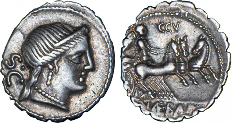 RÉPUBLIQUE (-280/-41)
C. Naevius Balbus (-79) : Denier à la tête diadémée de Vé...