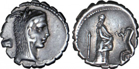 RÉPUBLIQUE (-280/-41)
L. Roscius Fabatus (-64) : Denier à la tête de Junon Sospita habillé d'une peau de chèvre à droite - R/: Vierge debout à droite...