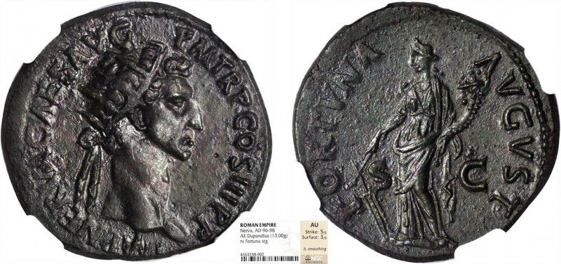 NERVA (96-98)
Dupondius : La Fortune debout à gauche tenant un gouvernail & une...