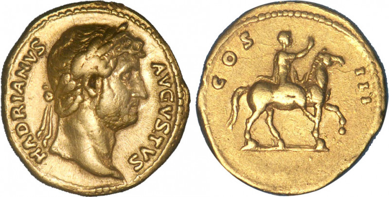 HADRIEN (117-138)
Aureus : Hadrien sur un cheval au pas à droite, levant la mai...