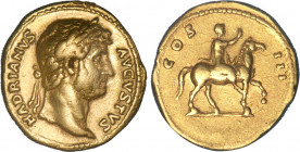 HADRIEN (117-138)
Aureus : Hadrien sur un cheval au pas à droite, levant la main droite
 - TTB 40 (TTB+)
Très Rare !!


SM 3386, CO 406, RIC 186...