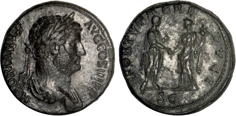 HADRIEN (117-138)
Sesterce : Hadrien debout à droite, tenant un rouleau donnant...