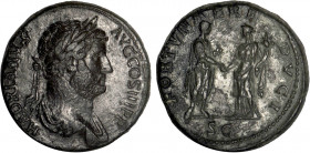 HADRIEN (117-138)
Sesterce : Hadrien debout à droite, tenant un rouleau donnant la main à la Fortune qui tient une corne d'abondance
 - SUP 50 (SUP-...