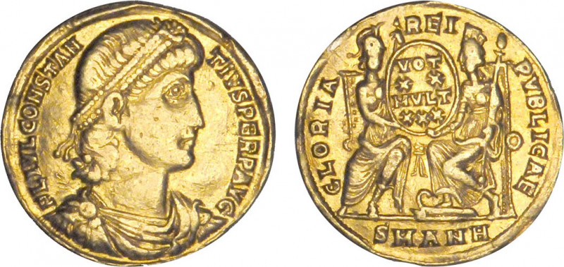 CONSTANCE II (337-361)
Solidus : Rome & Constantinople assises sur un trône fac...