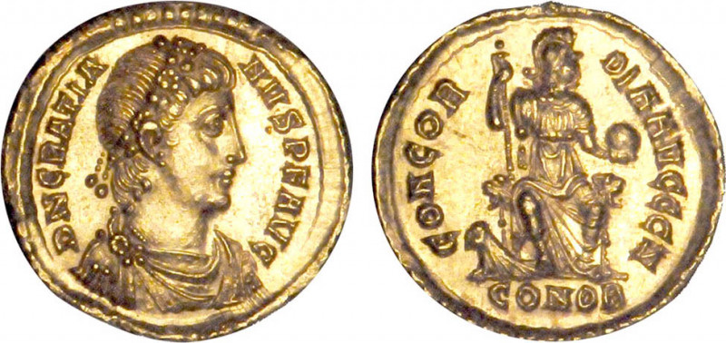 GRATIEN (367-383)
Solidus : Constantinople casquée & regardant à droite, assise...