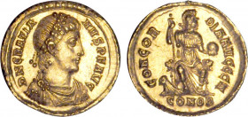 GRATIEN (367-383)
Solidus : Constantinople casquée & regardant à droite, assise sur un trône, tenant un sceptre & un globe
CONOB Z - SPL 61 (SUP+)
...