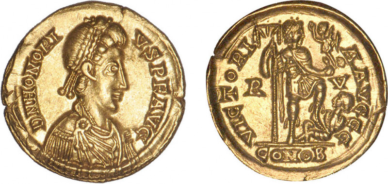HONORIUS (393-423)
Solidus : Honorius en habit militaire debout à droite tenant...