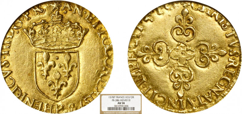 HENRI III (1574-1589)
Écu d'or au soleil, 1er type (croix anillée & fleurdelisé...