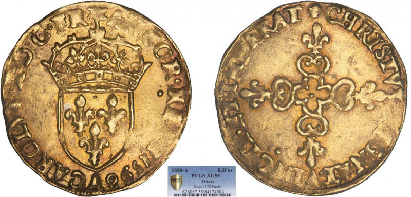 CHARLES X roi de la Ligue (1589-1590)
Écu d'or au soleil, 1er type
1590 A - SU...