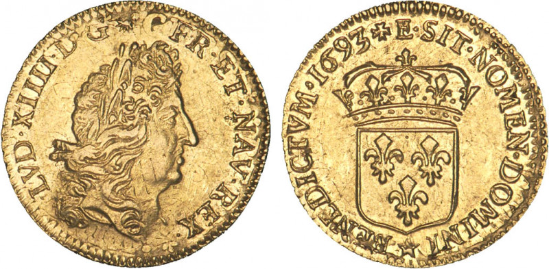 LOUIS XIV le Grand (1643-1715)
1/2 louis d'or à l'écu, mèches séparées
1693 E ...