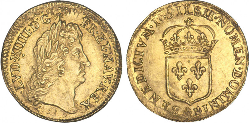 LOUIS XIV le Grand (1643-1715)
1/2 louis d'or à l'écu, mèches groupées
1691 Li...