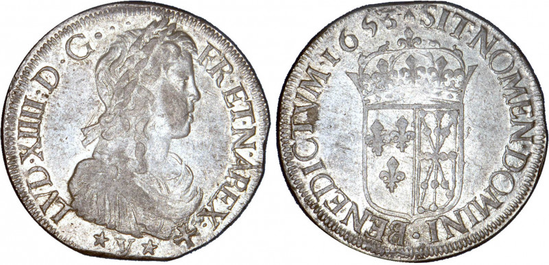 LOUIS XIV le Grand (1643-1715)
Écu de Navarre à la mèche longue
1653 *V* - SUP...