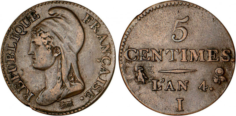 5 CENTIMES
5 CENTIMES, petit module
AN 4 I - TTB 40 (TTB+)
Rare en l'état !
...