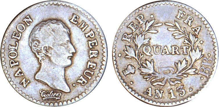 1/4 FRANC, 25 CENTIMES
QUART (de franc) Napoléon empereur (calendrier révolutio...