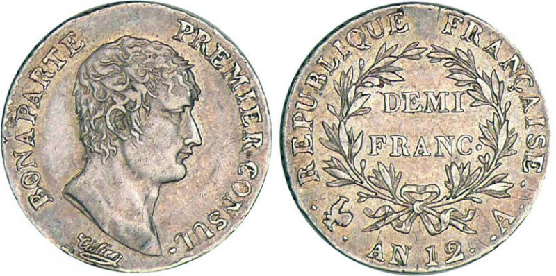 1/2 FRANC, 50 CENTIMES
DEMI FRANC Bonaparte, Ier consul
AN12 A - SUP 50 (SUP-)...
