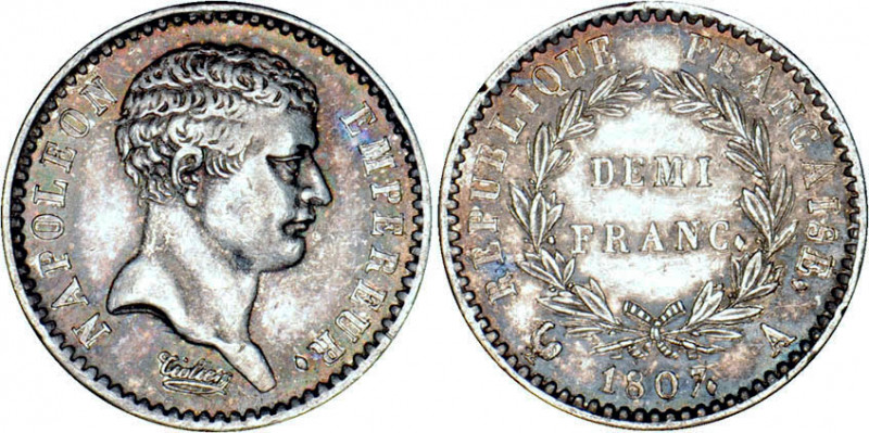 1/2 FRANC, 50 CENTIMES
DEMI FRANC type tête de nègre
1807 A - SUP 53 (SUP-)
T...