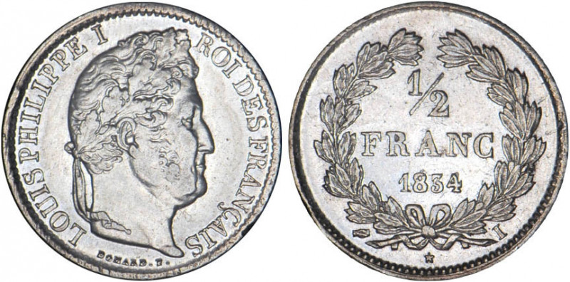1/2 FRANC, 50 CENTIMES
1/2 FRANC Louis-Philippe
1834 I - SUP 50 (SUP-)
Très R...