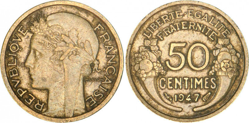 1/2 FRANC, 50 CENTIMES
50 CENTIMES type Morlon (cuivre aluminium)
1947 - TTB 4...