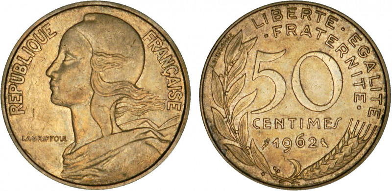 1/2 FRANC, 50 CENTIMES
50 CENTIMES "Marianne"
1962 - TTB 40 (TTB+)
4 plis - R...