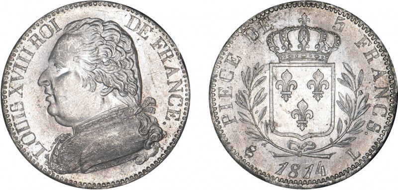 5 FRANCS
5 FRANCS Louis XVIII, type au buste habillé
1814 L - SPL 63 (SUP++)
...