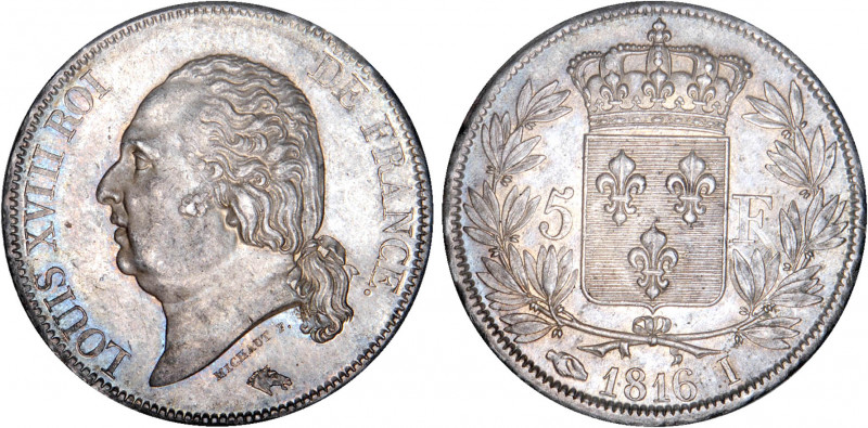 5 FRANCS
5 F, Louis XVIII type au buste nu
1816 I - SPL 60 (SUP+)
Rare surtou...