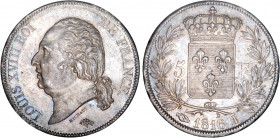 5 FRANCS
5 F, Louis XVIII type au buste nu
1816 I - SPL 60 (SUP+)
Rare surtout en l'état !


G 614, F 309, KM# 711
LIMOGES - ARGENT - 

 ----...