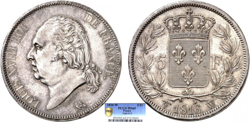 5 FRANCS
5 F, Louis XVIII type au buste nu
1816 W - FDC 65 (FDC)
Très Rare su...