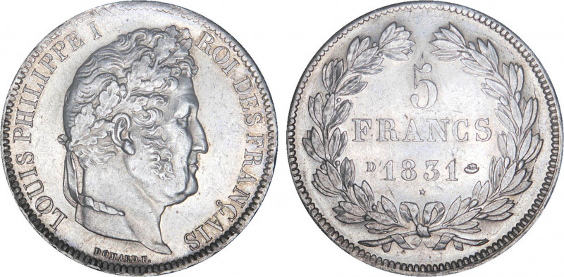5 FRANCS
5 FRANCS Louis-Philippe I, transitoire, tranche en creux
1831 D - SPL...